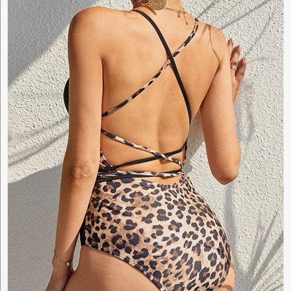 🆕 Snake Skin Plunge Criss Cross Tie Knot One Piece Bikini Swimsuit - Picture 2 of 4
